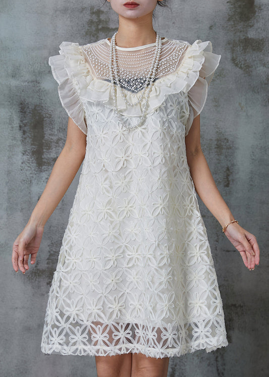 French White Stereoscopic Nail Bead Tulle Mid Dress Summer