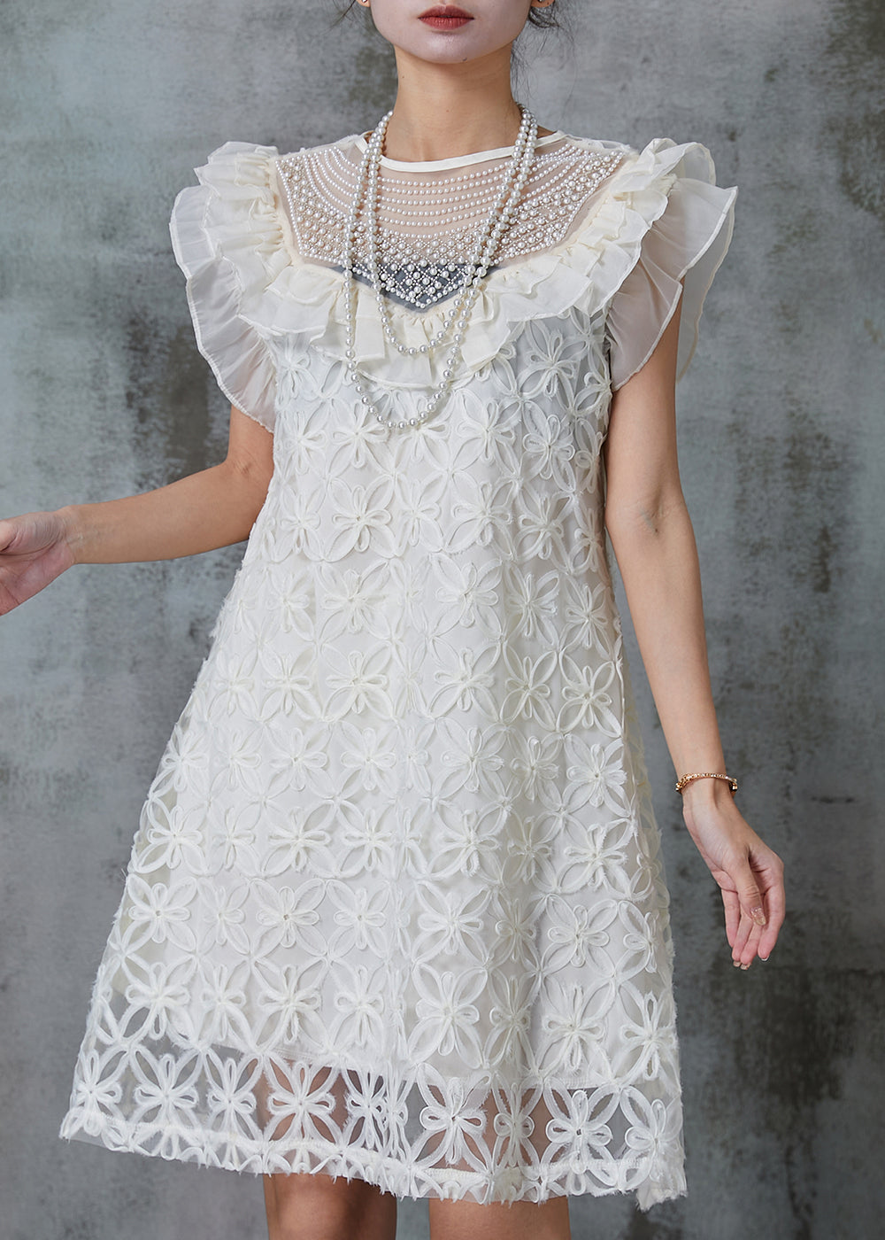 French White Stereoscopic Nail Bead Tulle Mid Dress Summer