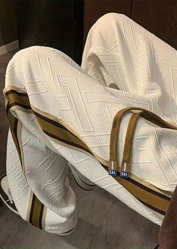 French White Striped Drawstring Cotton Pants Spring