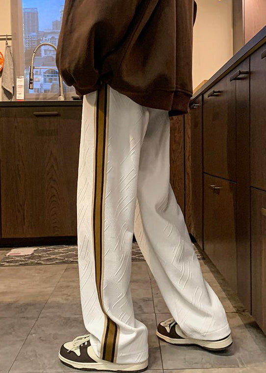 French White Striped Drawstring Cotton Pants Spring