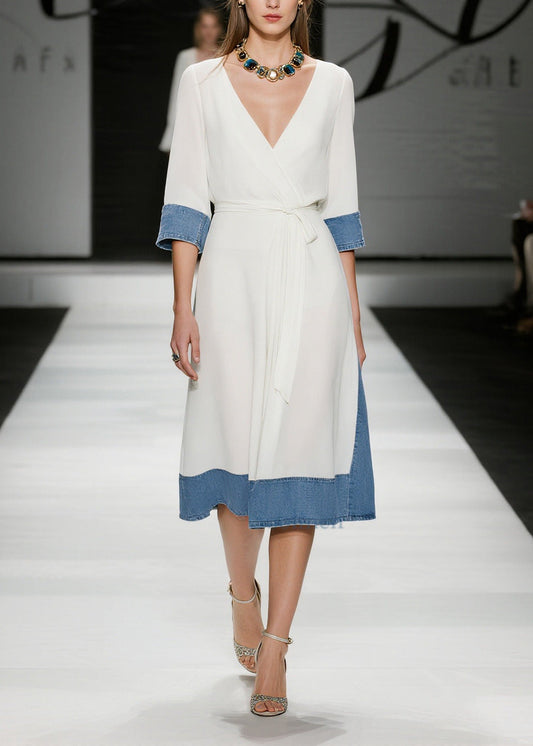 French White Tie Waist Denim Patchwork Chiffon Day Dress Summer
