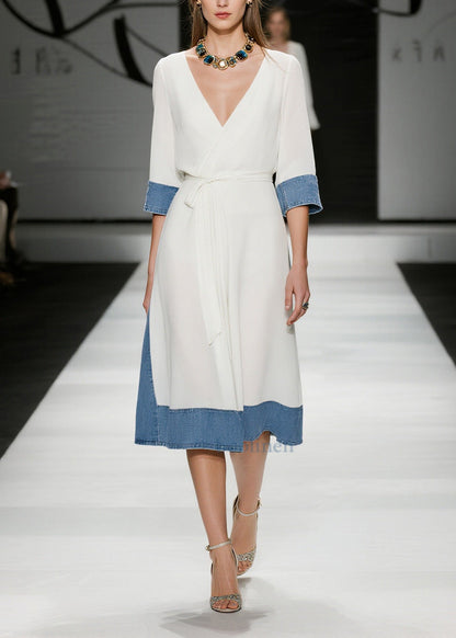 French White Tie Waist Denim Patchwork Chiffon Day Dress Summer