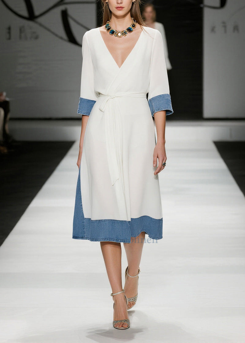 French White Tie Waist Denim Patchwork Chiffon Day Dress Summer