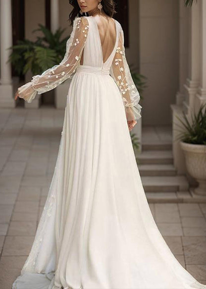 French White V Neck Backless Chiffon Robe Dresses Summer