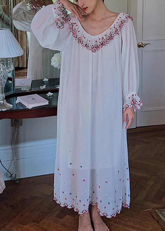 French White V Neck Embroidered Maxi Dresses Long Sleeve
