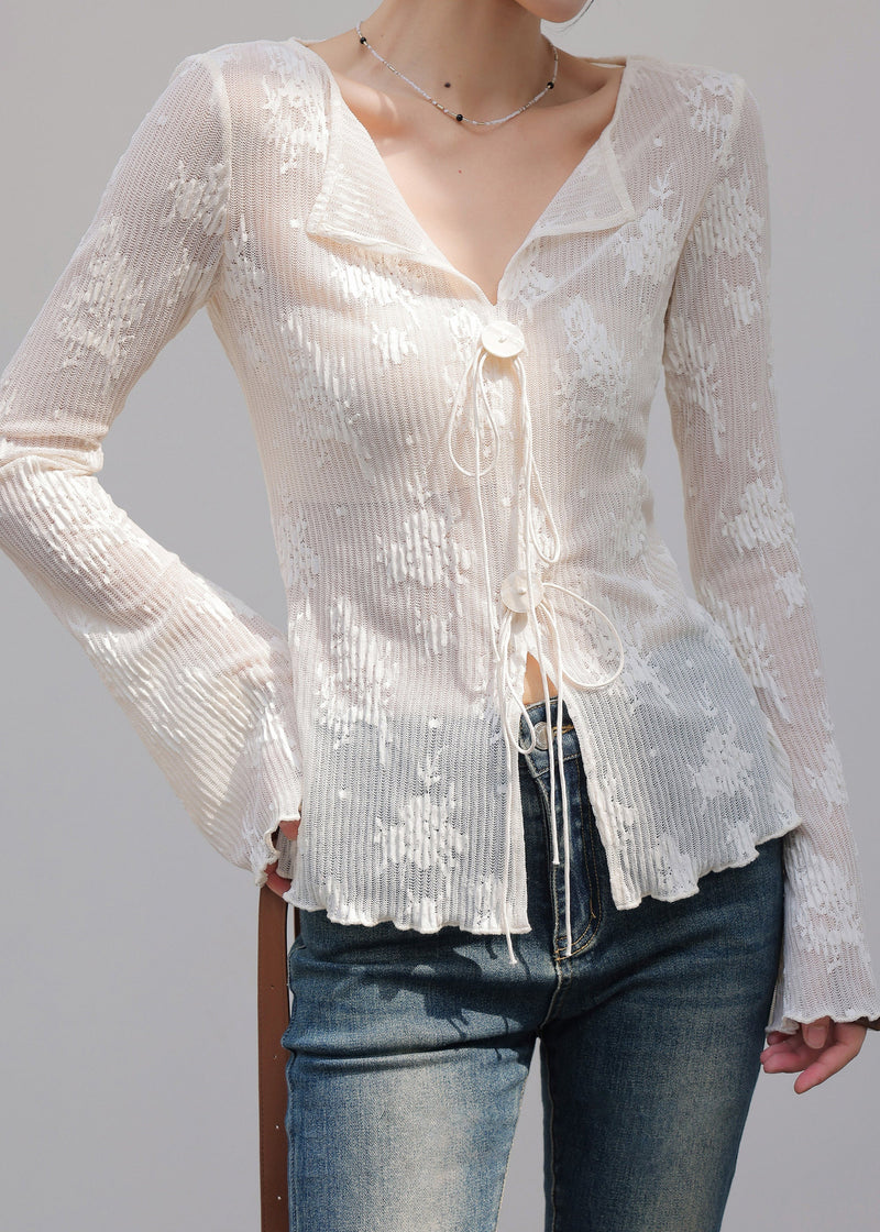 French White V Neck Embroidered Spandex Top Spring