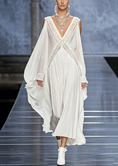 French White V Neck Hollow Out Chiffon Maxi Dresses Butterfly Sleeve