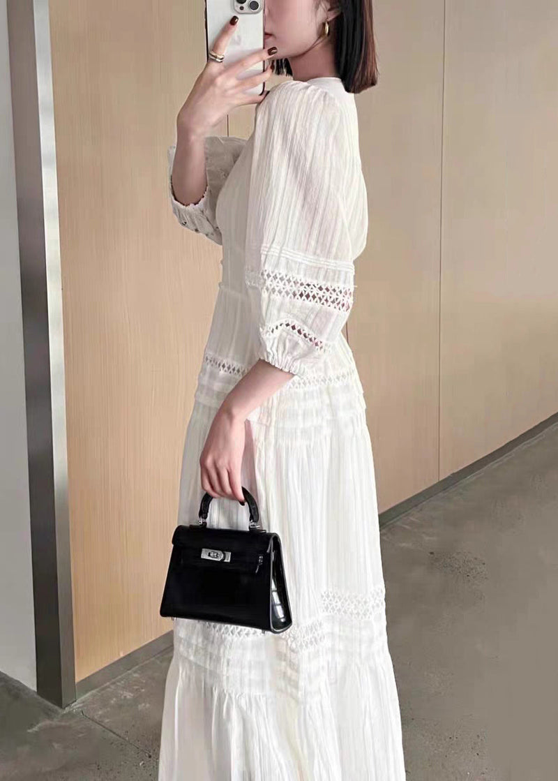 French White V Neck Hollow Out Cotton Dress Bracelet Sleeve