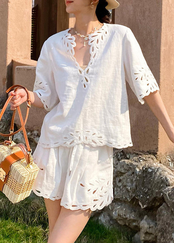 French White V Neck Hollow Out Tops and Shorts Linen Two Pieces Set Half Sleeve