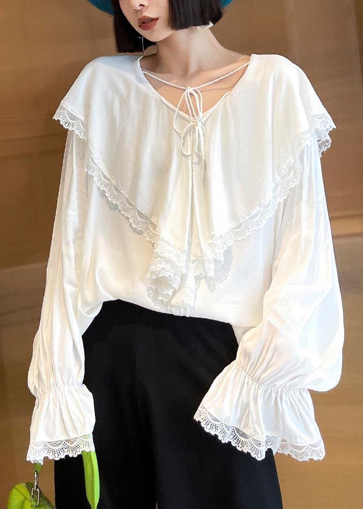 French White V Neck Patchwork Cotton Flare Sleeve Shirt Top