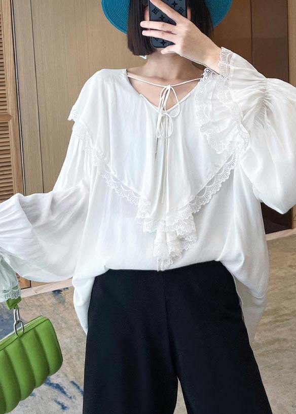 French White V Neck Patchwork Cotton Flare Sleeve Shirt Top