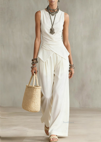 French White Wrinkled Tops and Wide Leg Pants Cotton Two Pieces Set Sleeveless