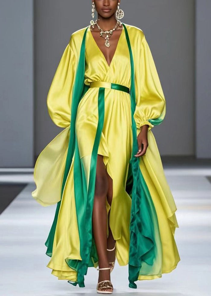 French Yellow Asymmetrical Patchwork Silk Suit