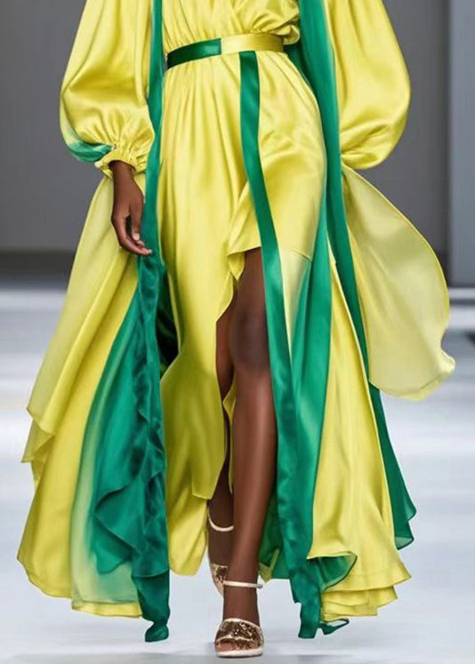 French Yellow Asymmetrical Patchwork Silk Suit