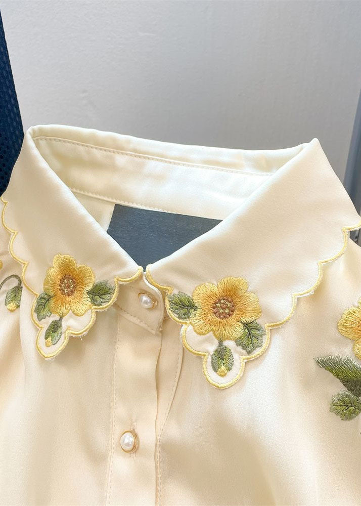 French Yellow Embroideried Patchwork Silk Shirt Tops Spring