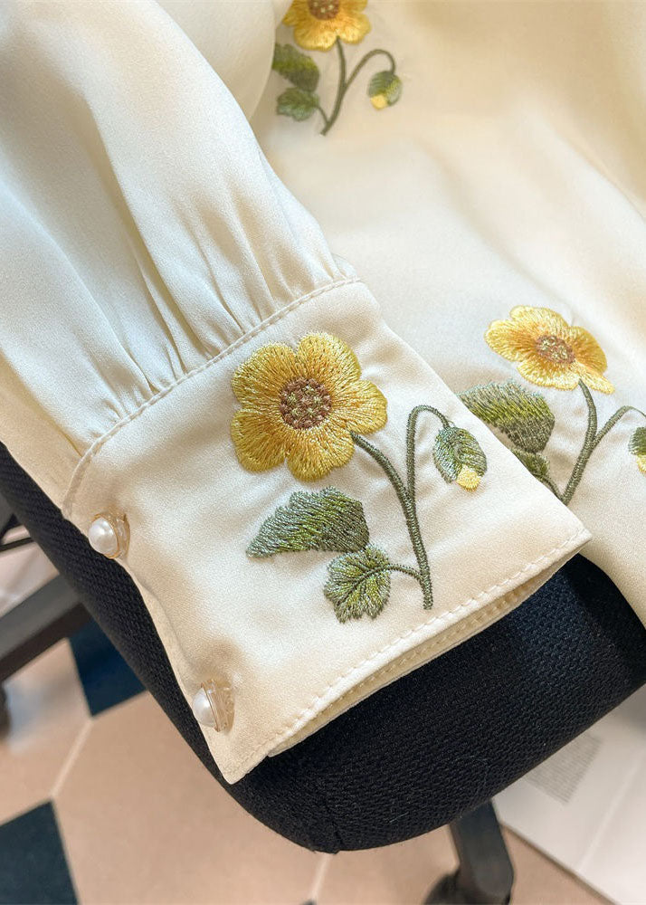 French Yellow Embroideried Patchwork Silk Shirt Tops Spring