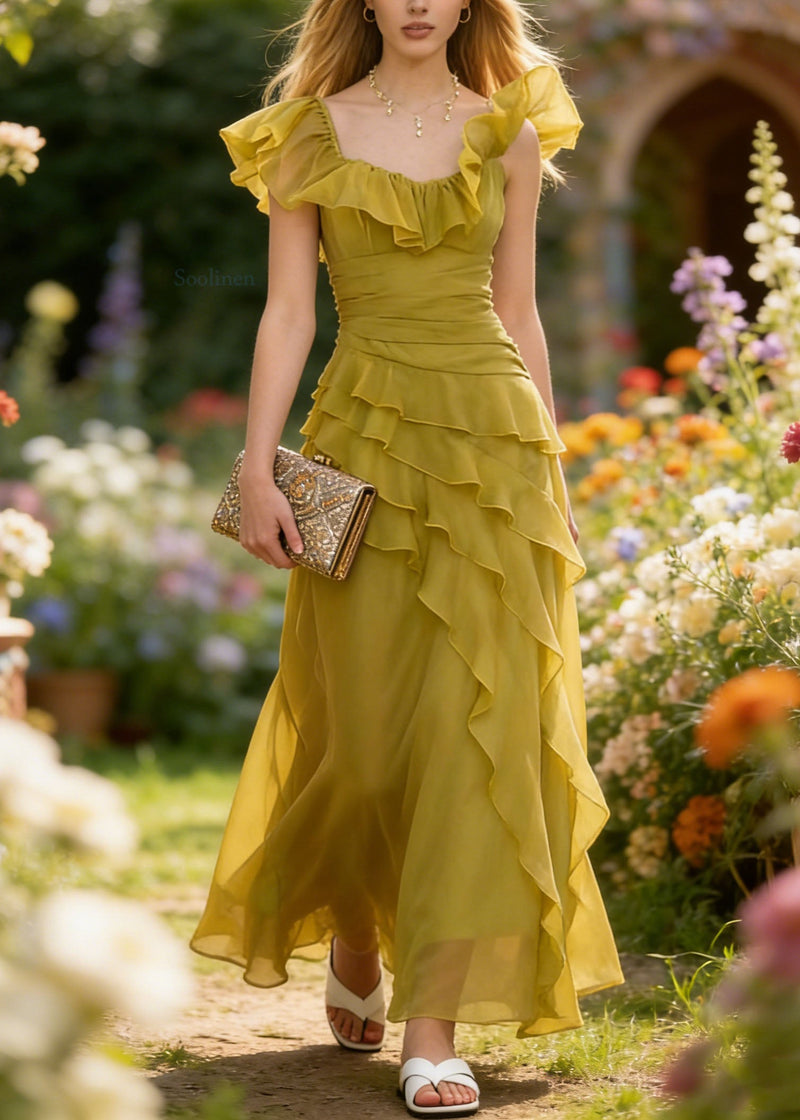French Yellow Green Ruffled Patchwork Chiffon Dresses Summer