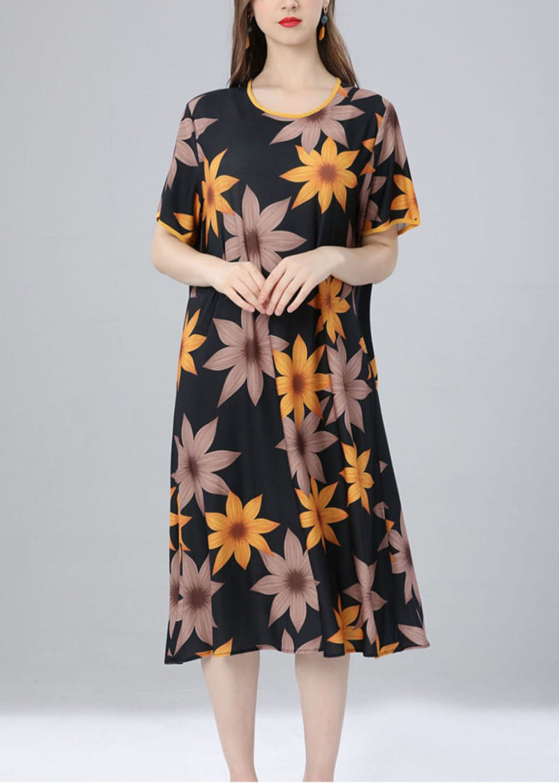 French Yellow O Neck Patchwork Cotton Dress Summer