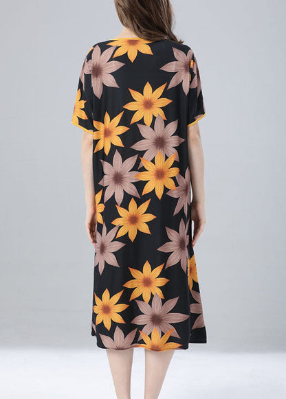 French Yellow O Neck Patchwork Cotton Dress Summer