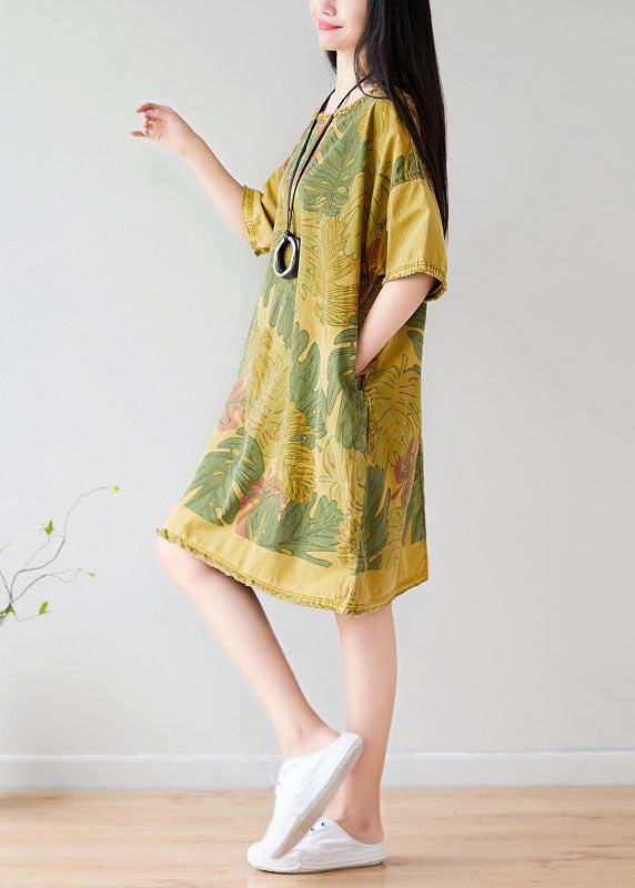 French Yellow O-neck Oversized Print Cotton Vacation Dresses Short Sleeve