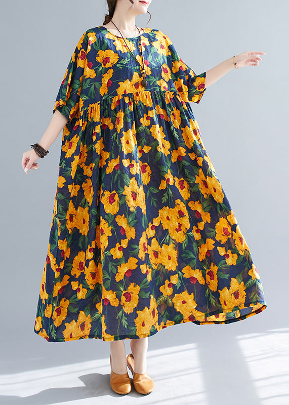 French Yellow O-neck Print Cotton Long Dresses Short Sleeve