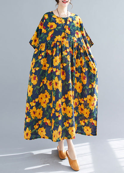 French Yellow O-neck Print Cotton Long Dresses Short Sleeve
