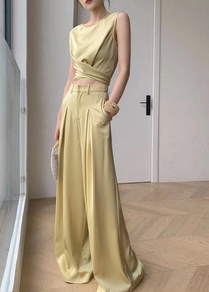 French Yellow O-neck Silk Top and Wide Leg Pants Two Pieces Set Sleeveless