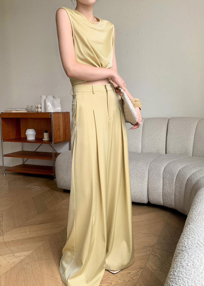 French Yellow O-neck Silk Top and Wide Leg Pants Two Pieces Set Sleeveless