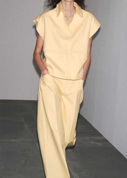 French Yellow Peter Pan Collar Tops and Pants Cotton Two Pieces Set Summer