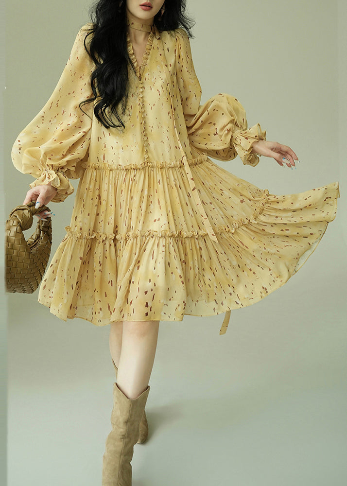 French Yellow Ruffled Print Tie Waist Chiffon Dress Spring