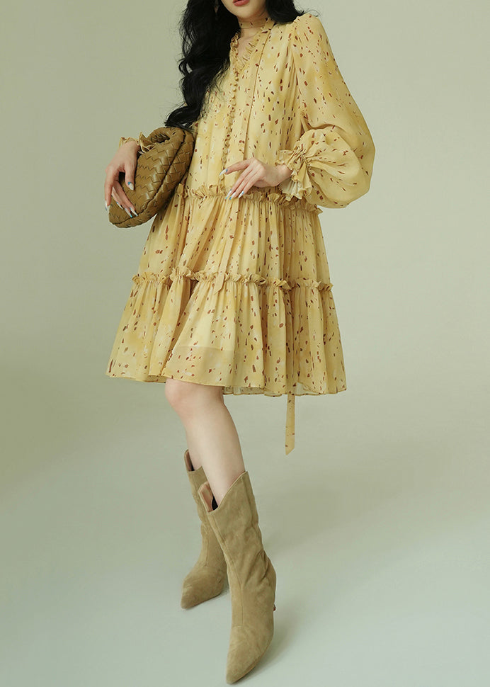French Yellow Ruffled Print Tie Waist Chiffon Dress Spring
