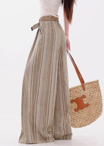 French Yellow Striped Pockets Cotton Wide Leg Pants Fall
