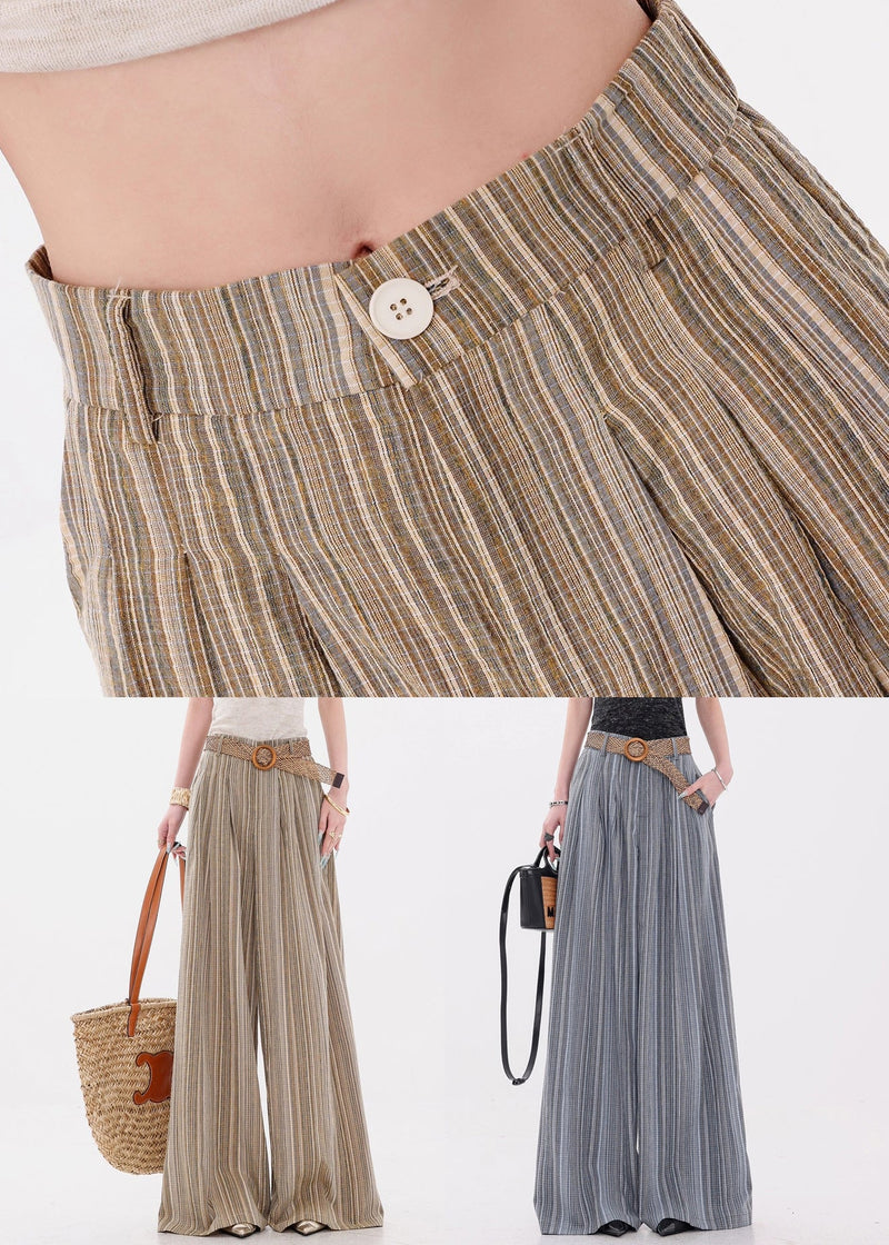 French Yellow Striped Pockets Cotton Wide Leg Pants Fall