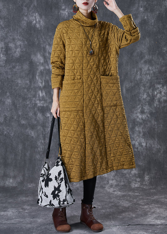French Yellow Turtle Neck Fine Cotton Filled a Line Dress Winter