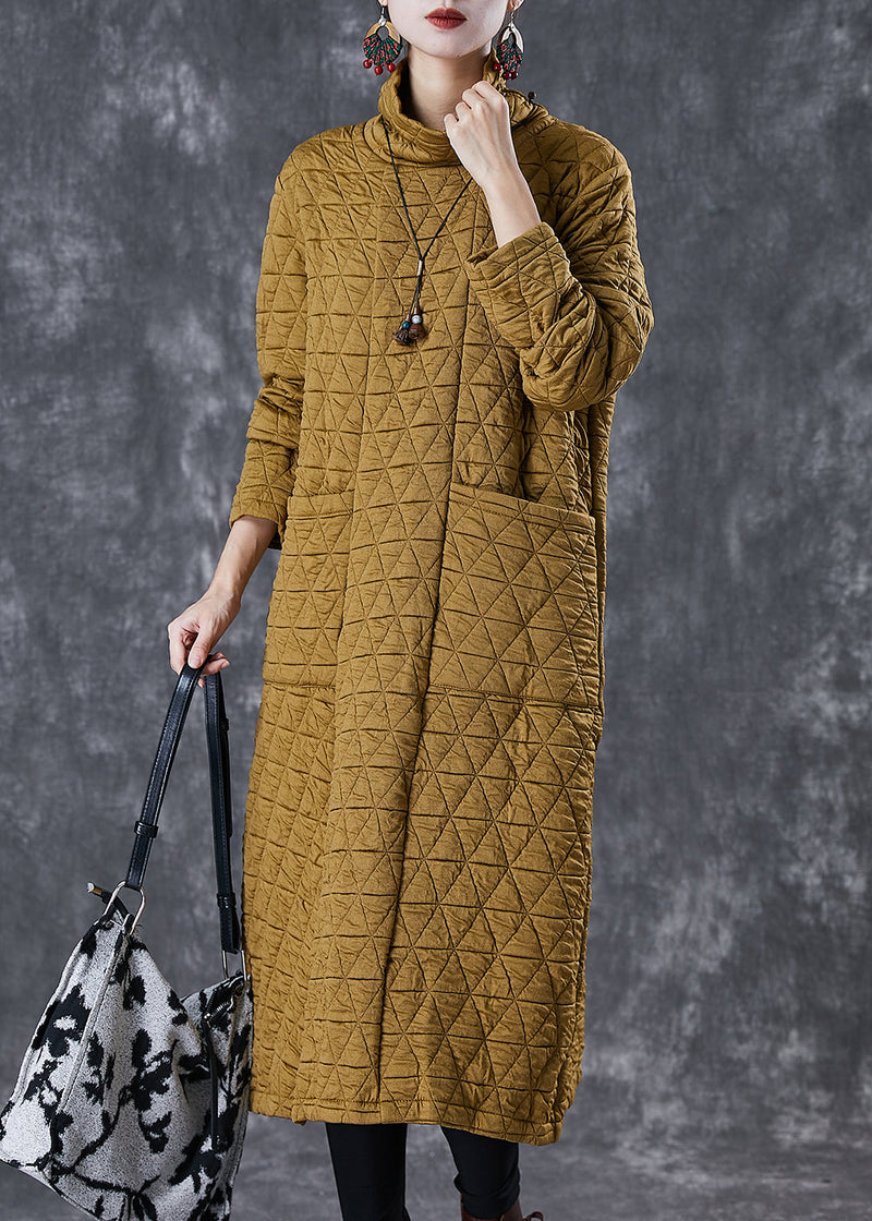French Yellow Turtle Neck Fine Cotton Filled a Line Dress Winter