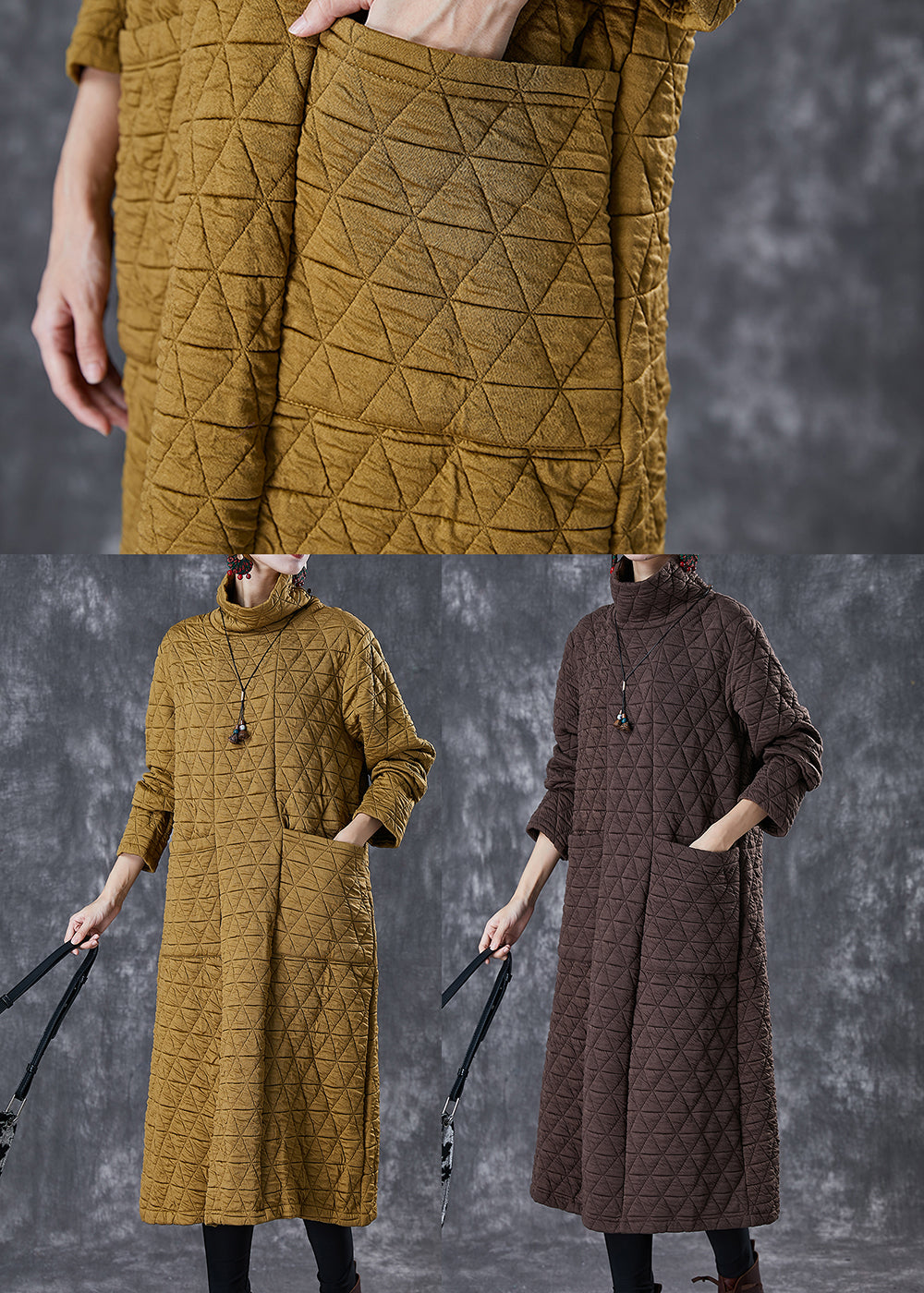 French Yellow Turtle Neck Fine Cotton Filled a Line Dress Winter