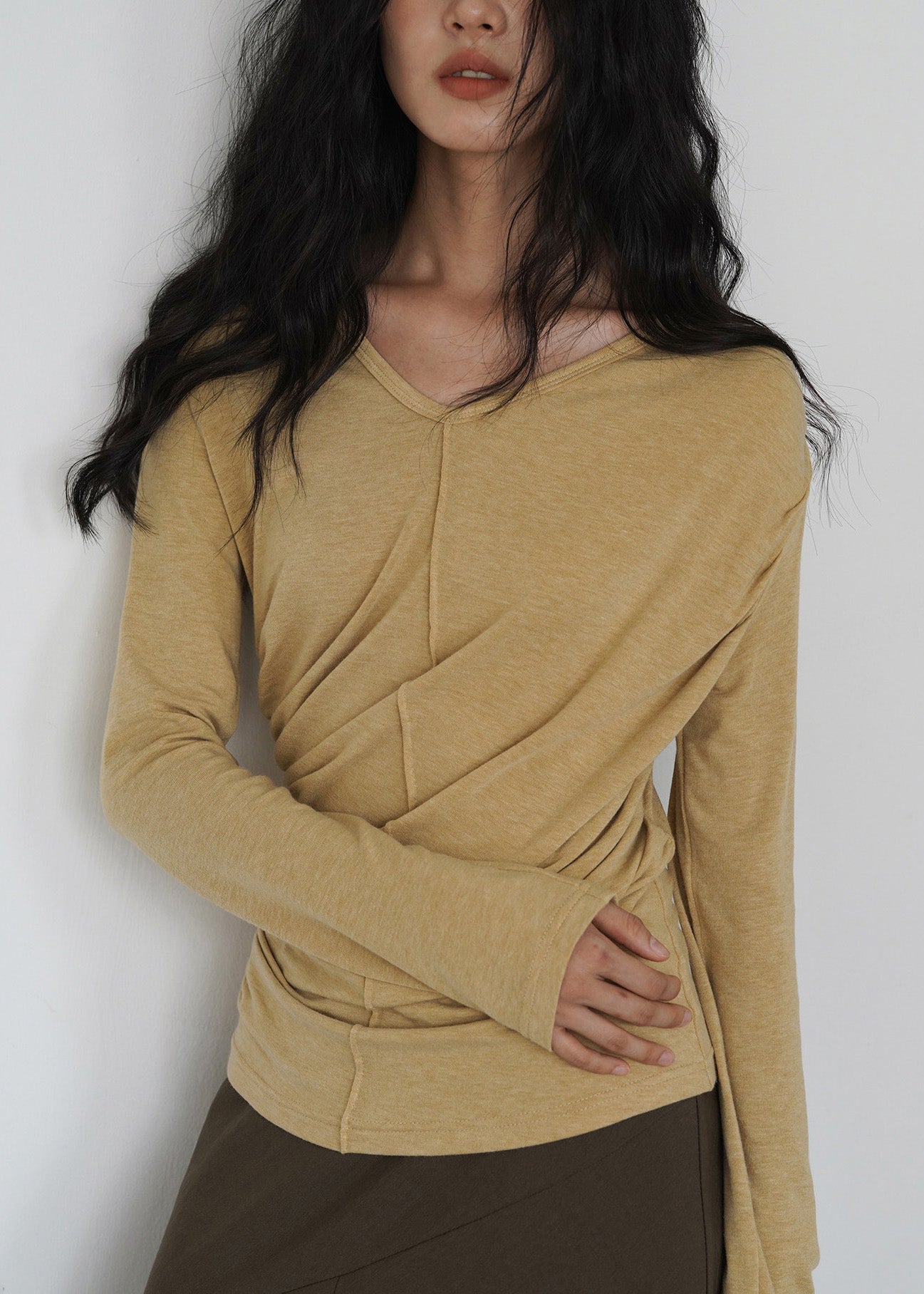 French Yellow V Neck Wrinkled Cotton Tops Spring
