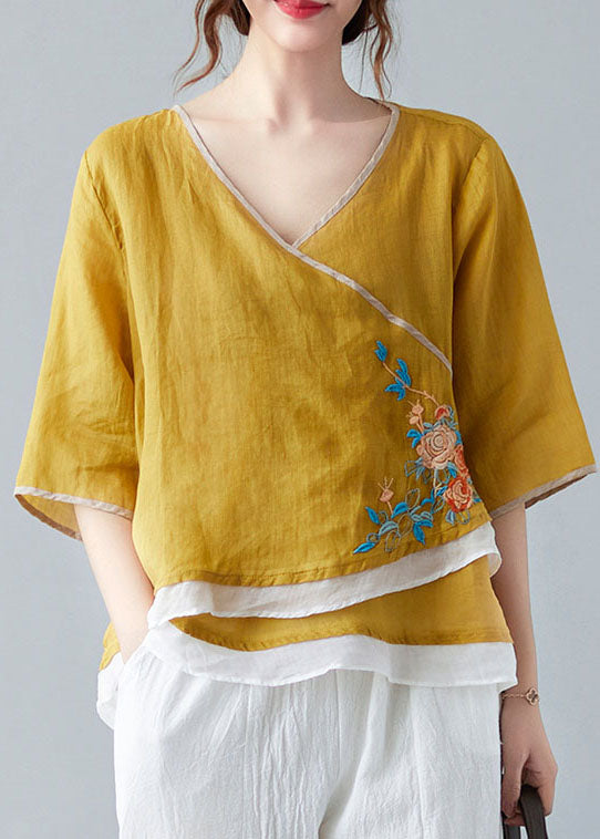 French White Flower V Neck Asymmetrical Design Shirt Spring