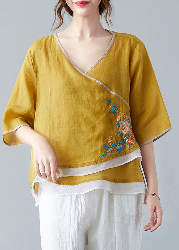 French Yellow V Neck Asymmetrical Design Shirt Spring