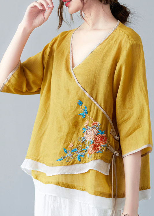 French White Flower V Neck Asymmetrical Design Shirt Spring