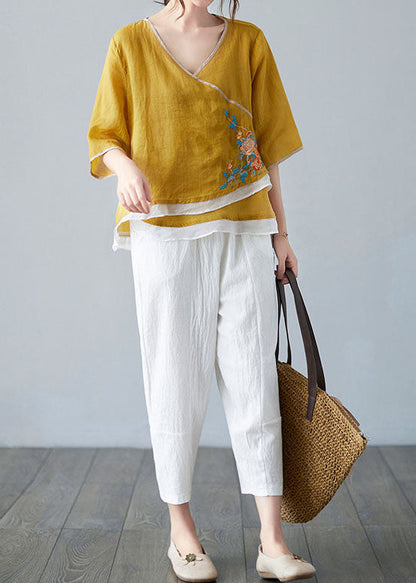 French White Flower V Neck Asymmetrical Design Shirt Spring