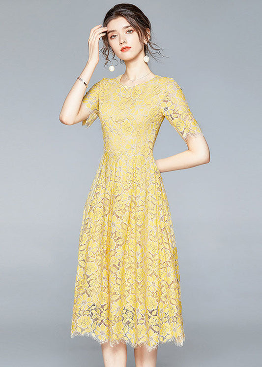 French Yellow Zip Up Slim Fit Lace Party Dress Short Sleeve