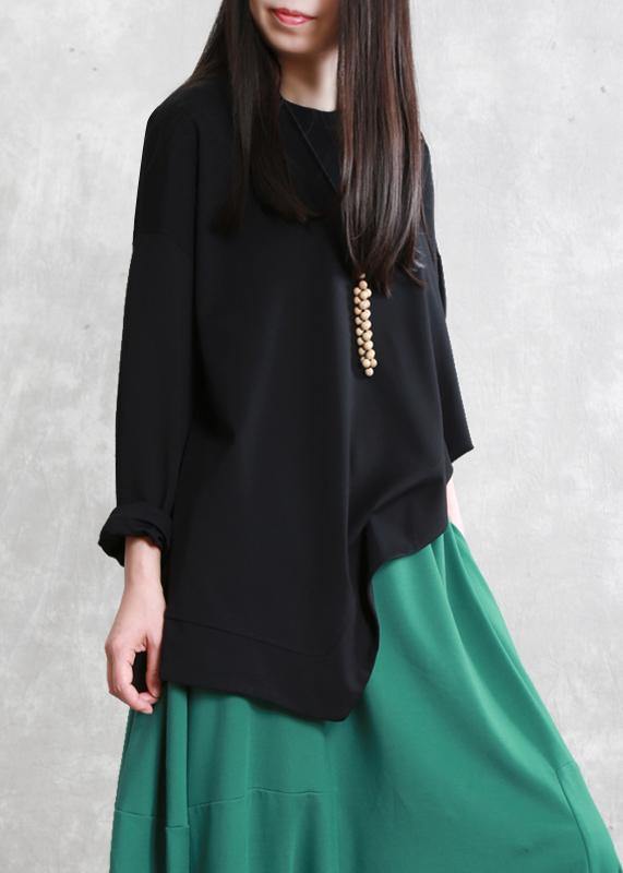 French Asymmetric O Neck Cotton Tunic Pattern Neckline Black Top