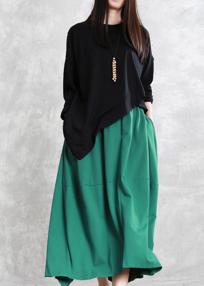 French Asymmetric O Neck Cotton Tunic Pattern Neckline Black Top