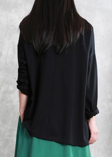 French Asymmetric O Neck Cotton Tunic Pattern Neckline Black Top