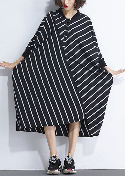 French Asymmetric Patchwork Cotton Dresses Sewing Black Striped Cotton Dresses Summer