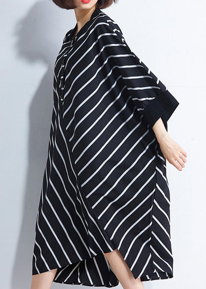 French Asymmetric Patchwork Cotton Dresses Sewing Black Striped Cotton Dresses Summer