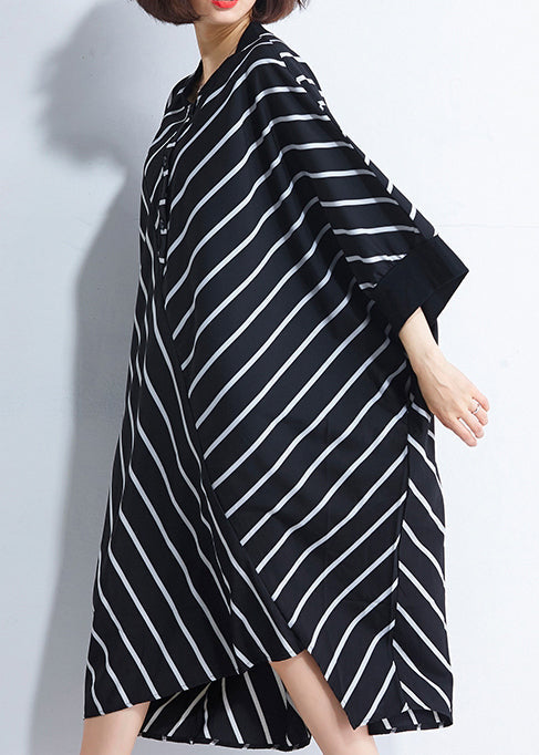 French Asymmetric Patchwork Cotton Dresses Sewing Black Striped Cotton Dresses Summer