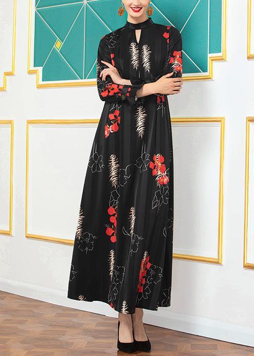 French Big Hem Cotton Prints Tunic Top Sleeve Black Long Dress