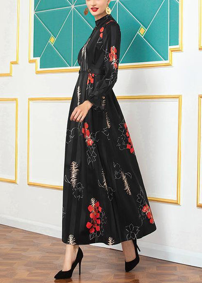 French Big Hem Cotton Prints Tunic Top Sleeve Black Long Dress